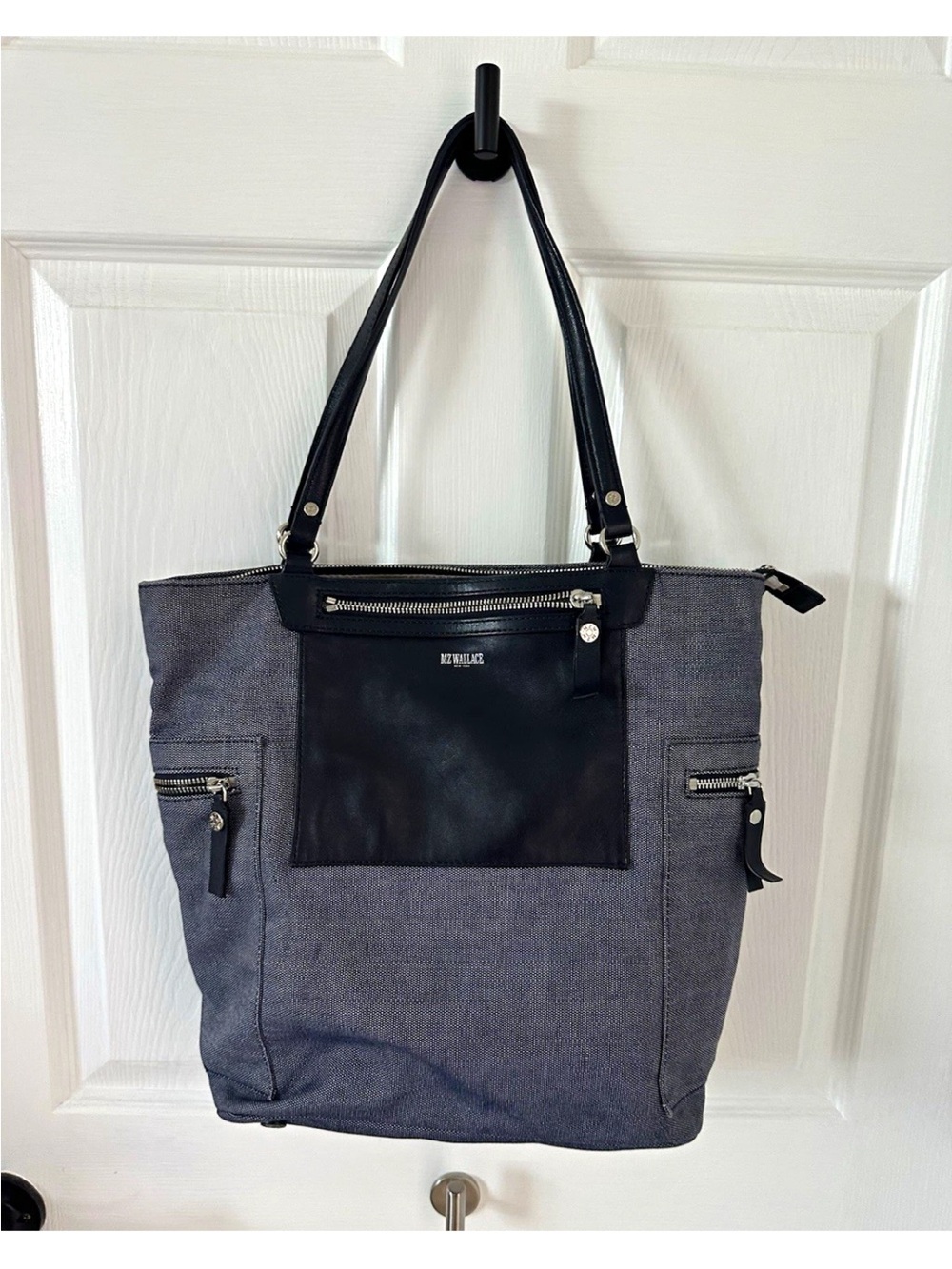 MZ Wallace Women's blue denim and navy leather Tote Bag Zip Closure Pocket